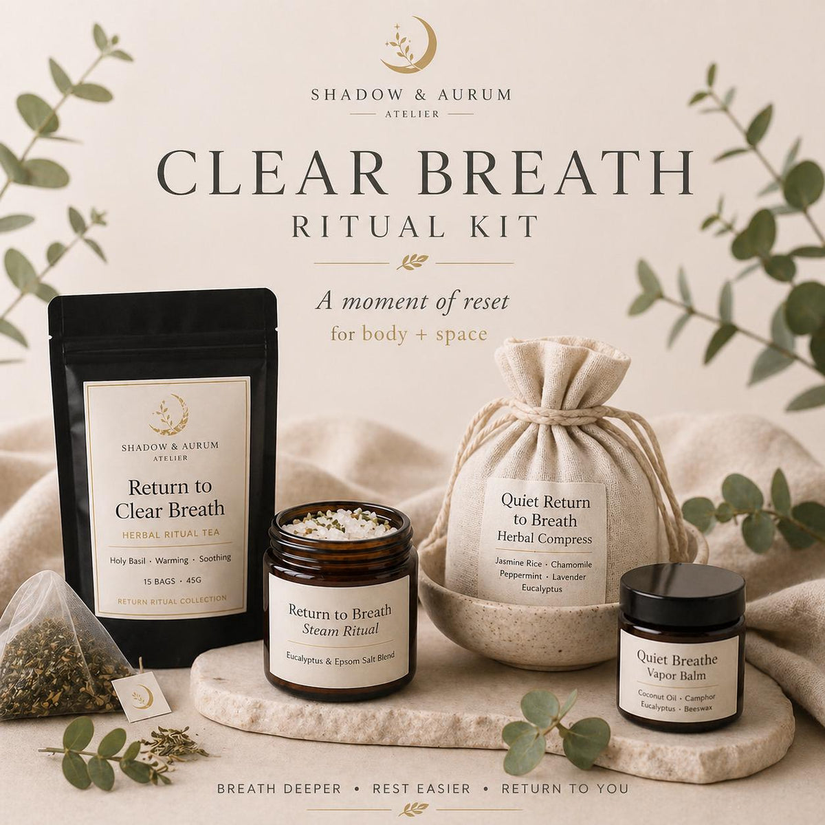 Clear Breath Ritual Kit |Self Care | Herbal Tea, Steam Soak, Botanical Compress, Vapor Balm