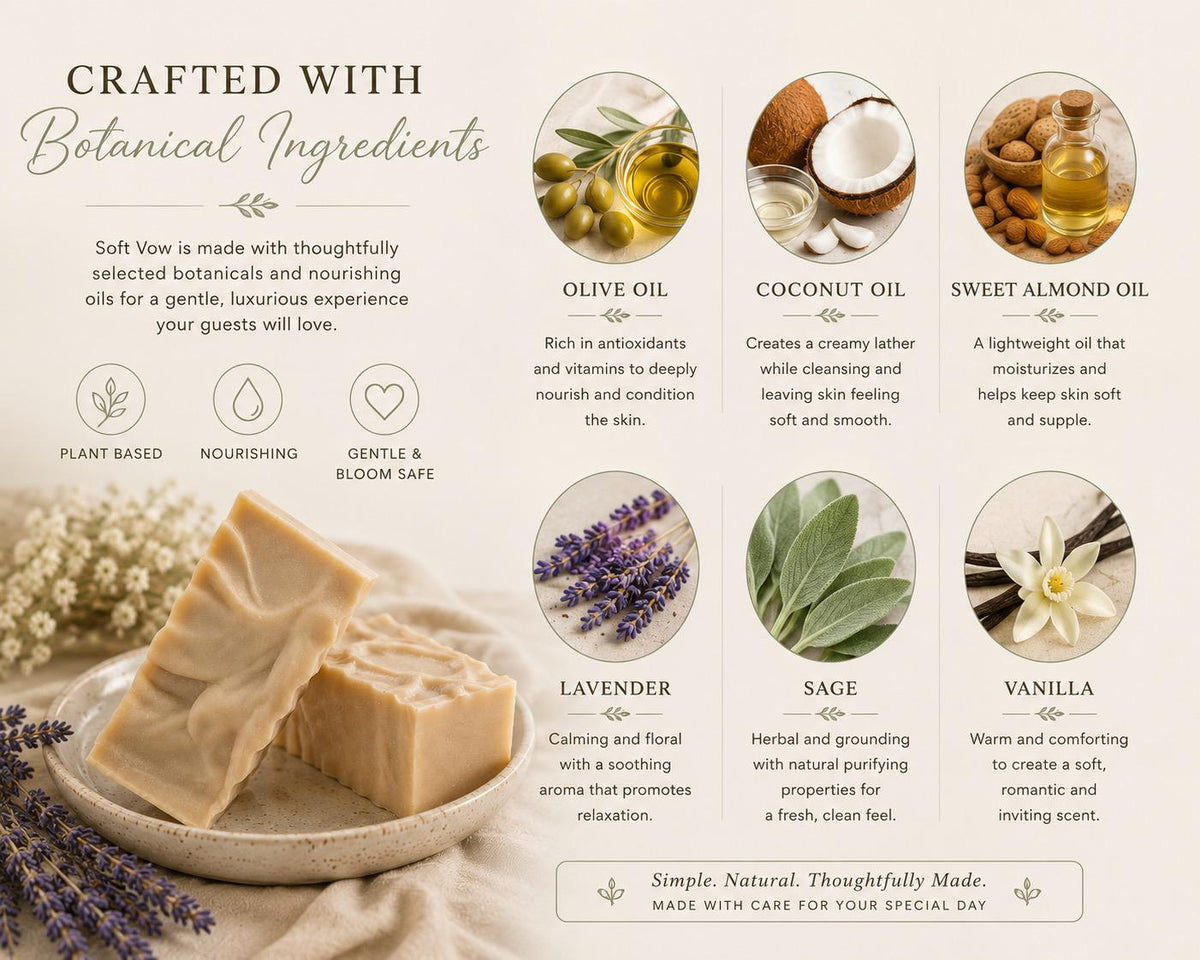 Soft Vow Wedding Soap Favor | Lavender Sage Vanilla Botanical Bar
