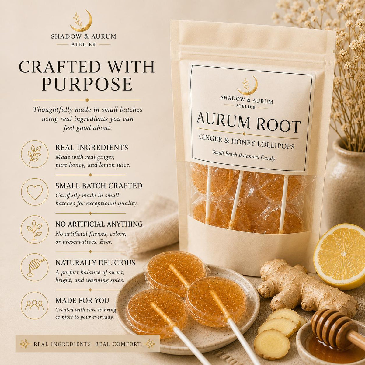 Ginger Honey Lollipops | Lemon Spice Botanical Candy, Small Batch Artisan Treat