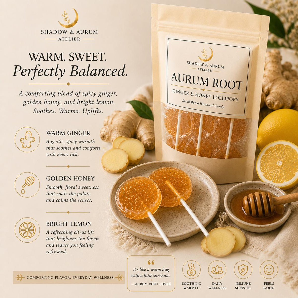 Ginger Honey Lollipops | Lemon Spice Botanical Candy, Small Batch Artisan Treat