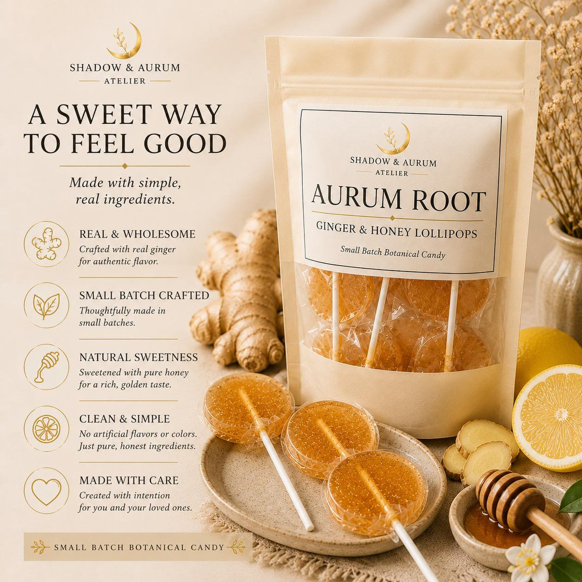 Ginger Honey Lollipops | Lemon Spice Botanical Candy, Small Batch Artisan Treat
