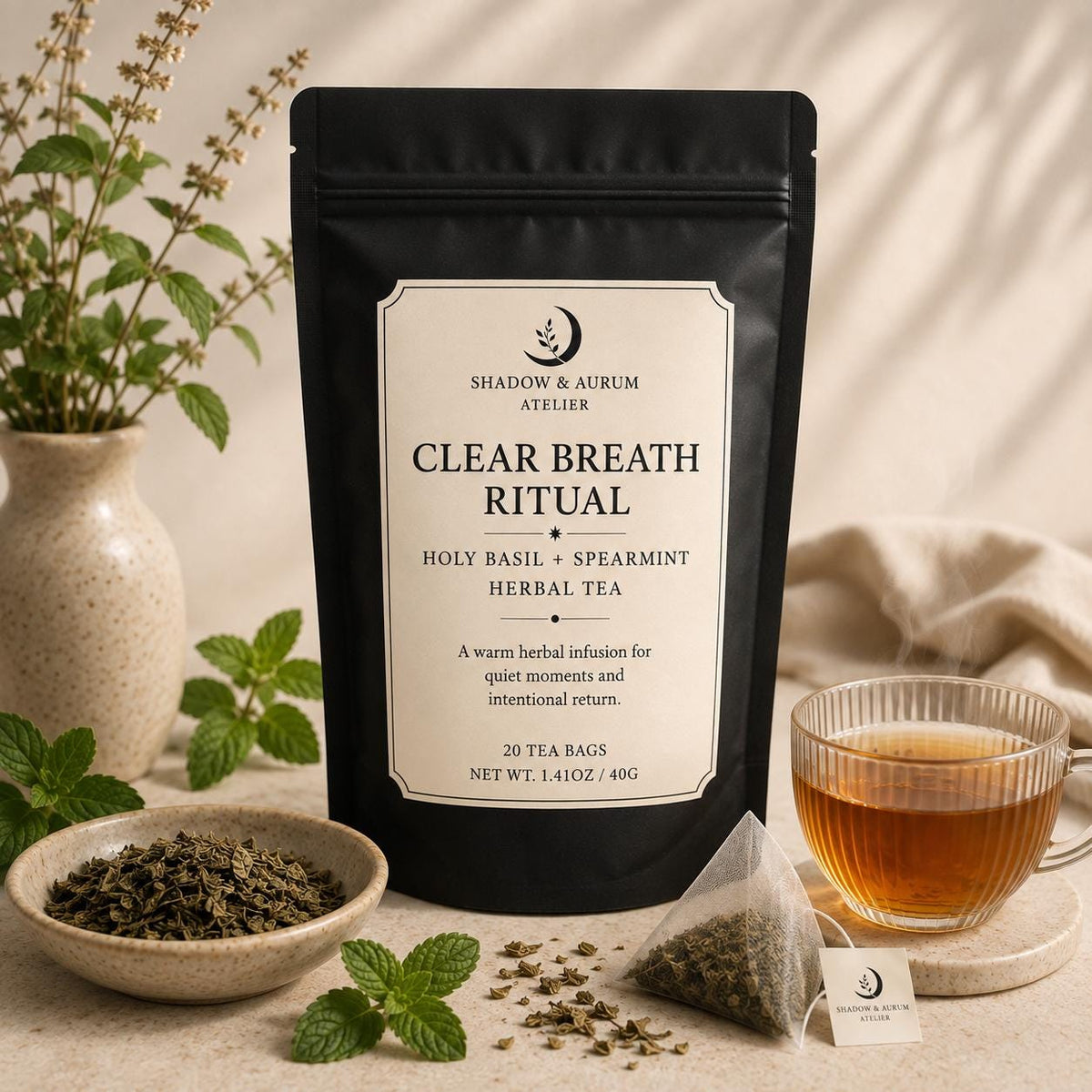 Holy Basil & Spearmint Herbal Tea | Clear Breath Ritual | Natural Support for the breath.